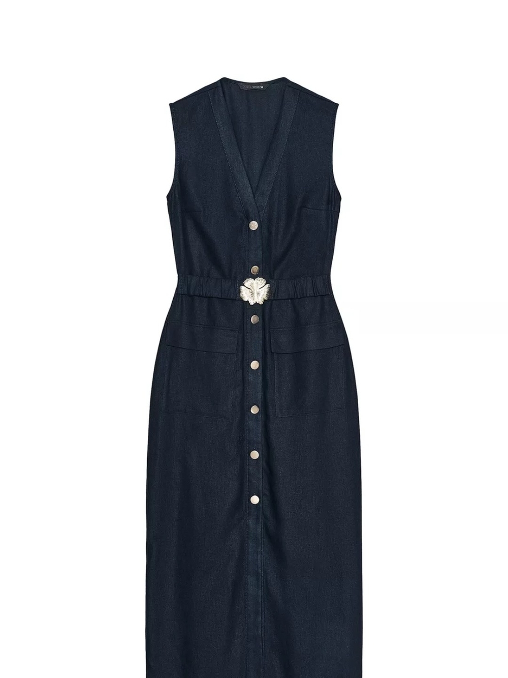 Zara Navy Sleeveless Button-Front Maxi Dress with Decorative Buckle